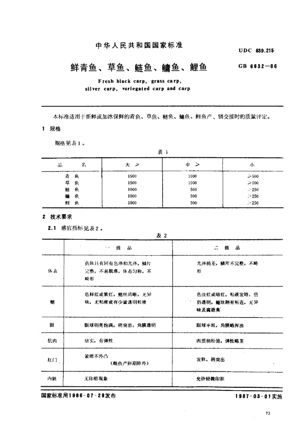 GB 6632-1986 鲜青鱼、草鱼、鲢鱼、鳙鱼、鲤鱼