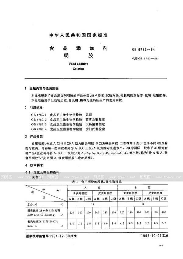 GB 6783-1994 食品添加剂  明胶