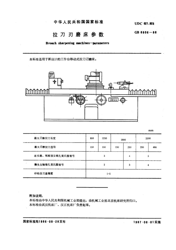 GB 6806-1986 拉刀刃磨床参数