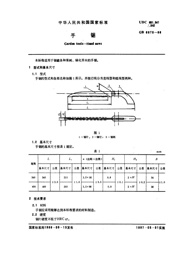 GB 6870-1986 手锯