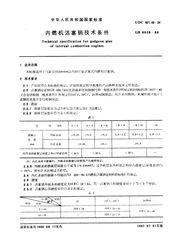 GB 6928-1986 内燃机活塞销技术条件