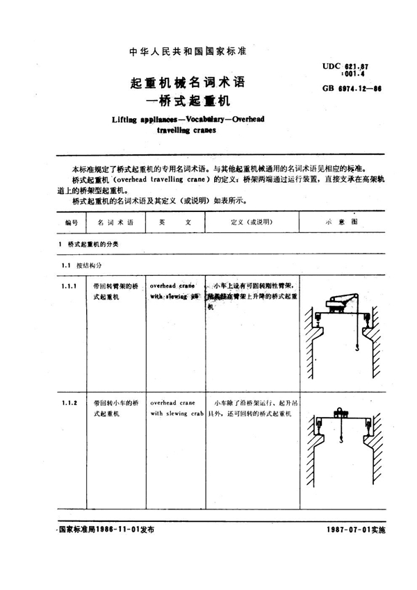 GB 6974.12-1986 起重机械名词术语 桥式起重机