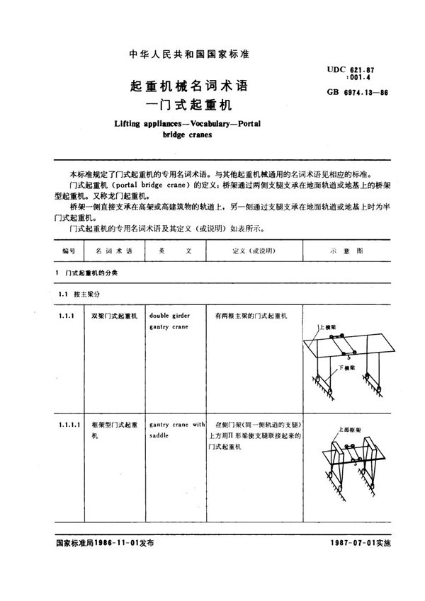 GB 6974.13-1986 起重机械名词术语 门式起重机