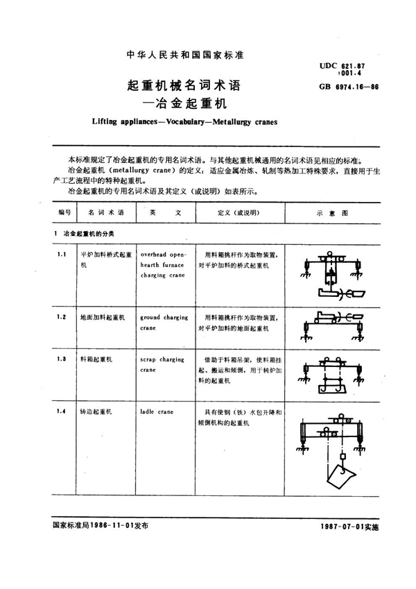 GB 6974.16-1986 起重机械名词术语 冶金起重机