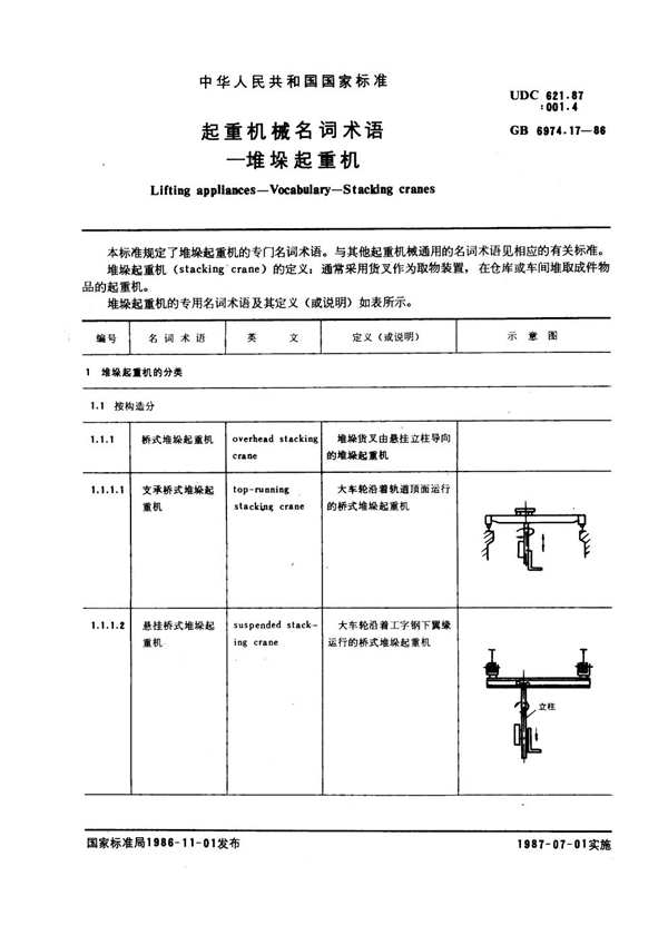 GB 6974.17-1986 起重机械名词术语 堆垛起重机