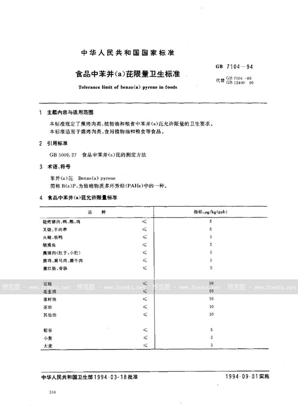 GB 7104-1994 食品中苯并(a)芘限量卫生标准