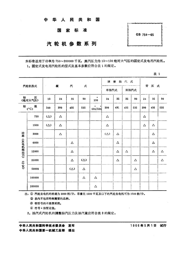 GB 754-1965 汽轮机 参数系列