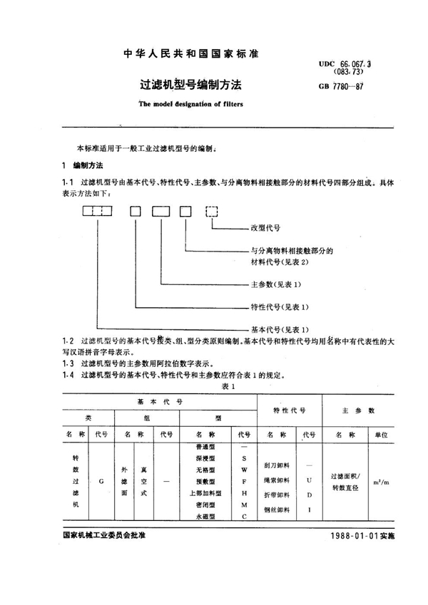 GB 7780-1987 过滤机型号编制方法