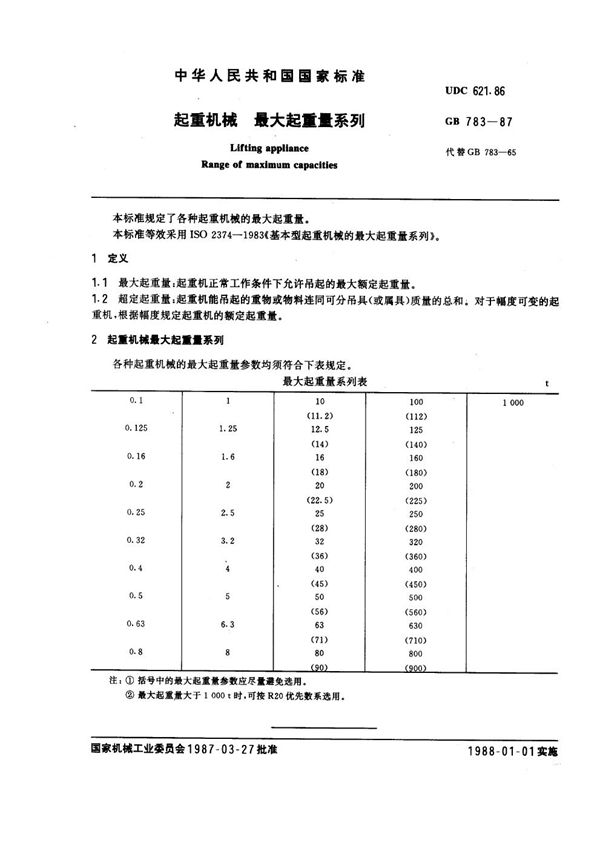 GB 783-1987 起重机械最大起重量系列