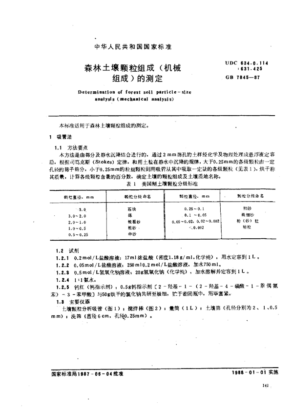 GB 7845-1987 森林土壤颗粒组成(机械组成)的测定