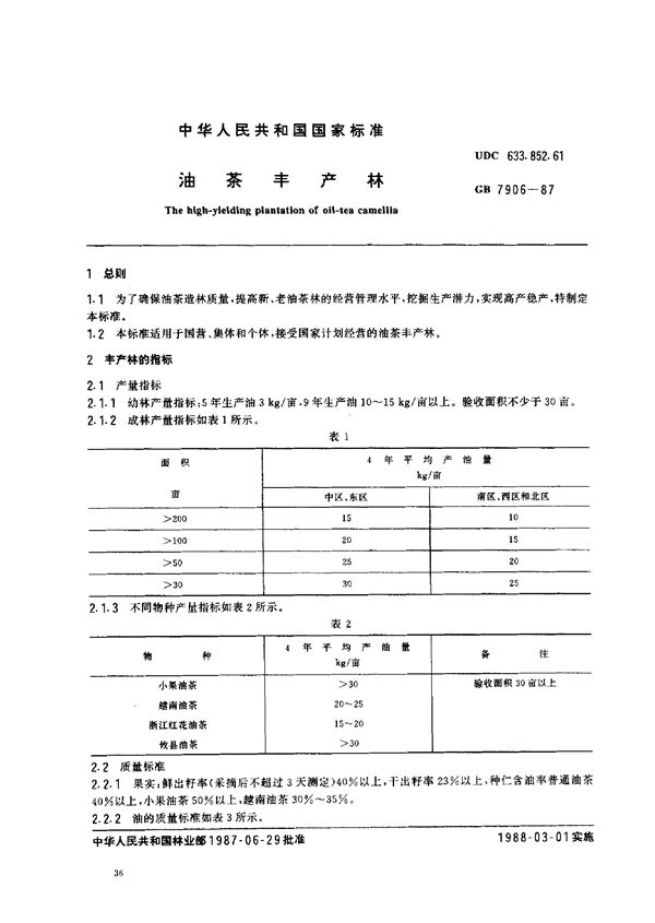 GB 7906-1987 油茶丰产林