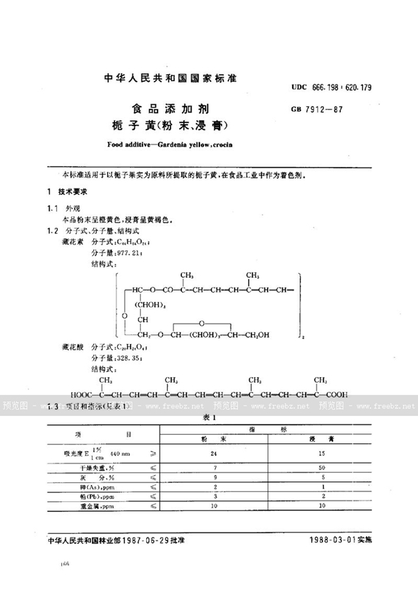 GB 7912-1987 食品添加剂  桅子黄(粉末、浸膏)