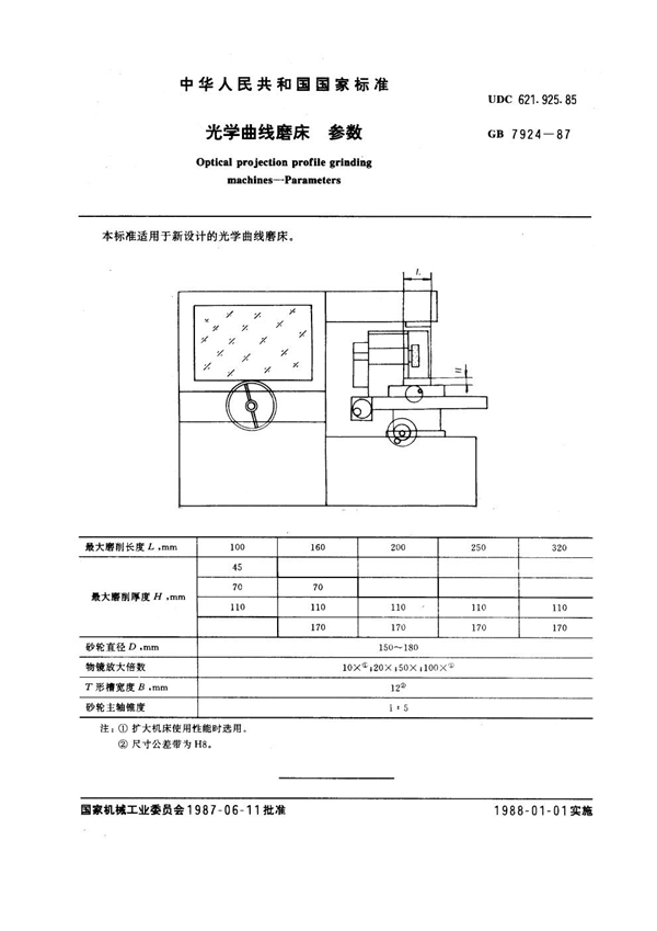 GB 7924-1987 光学曲线磨床参数