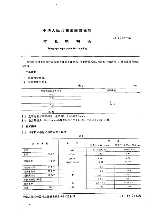 GB 7972-1987 打孔电报纸