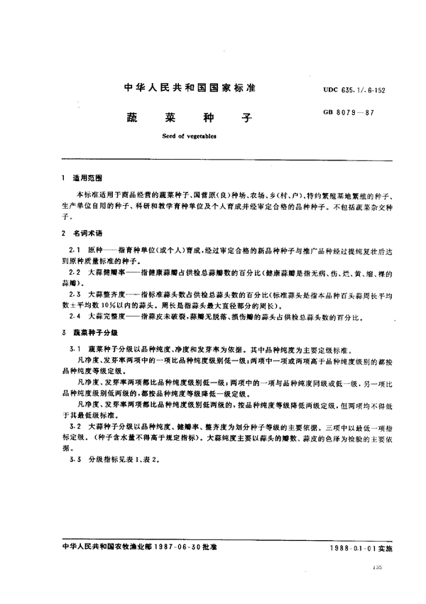 GB 8079-1987 蔬菜种子