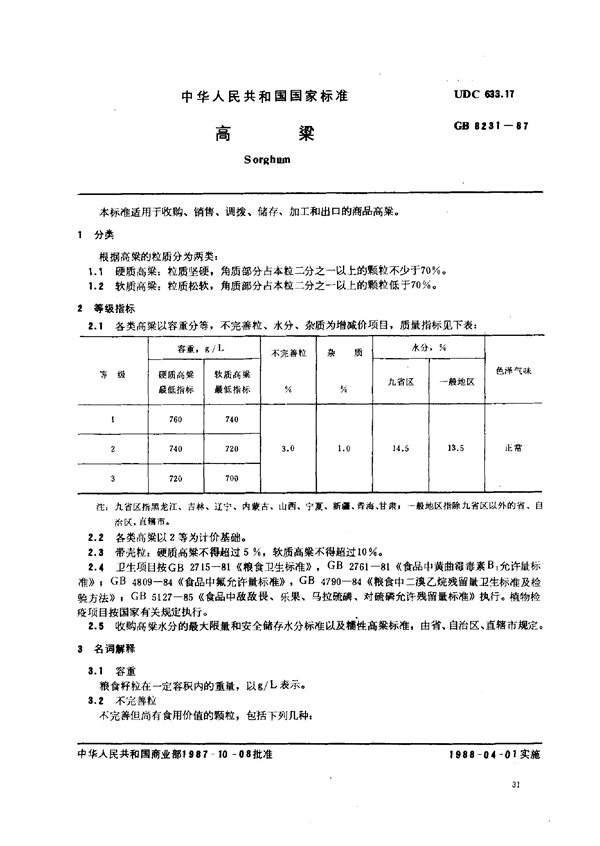 GB 8231-1987 高粱