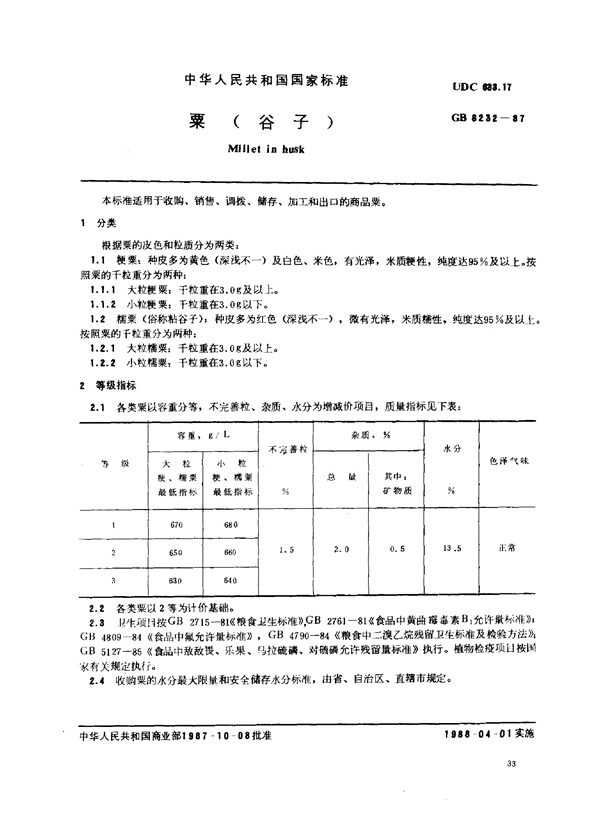 GB 8232-1987 粟(谷子)