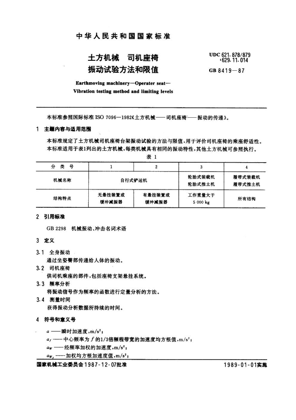 GB 8419-1987 土方机械 司机座椅 振动试验方法和限值