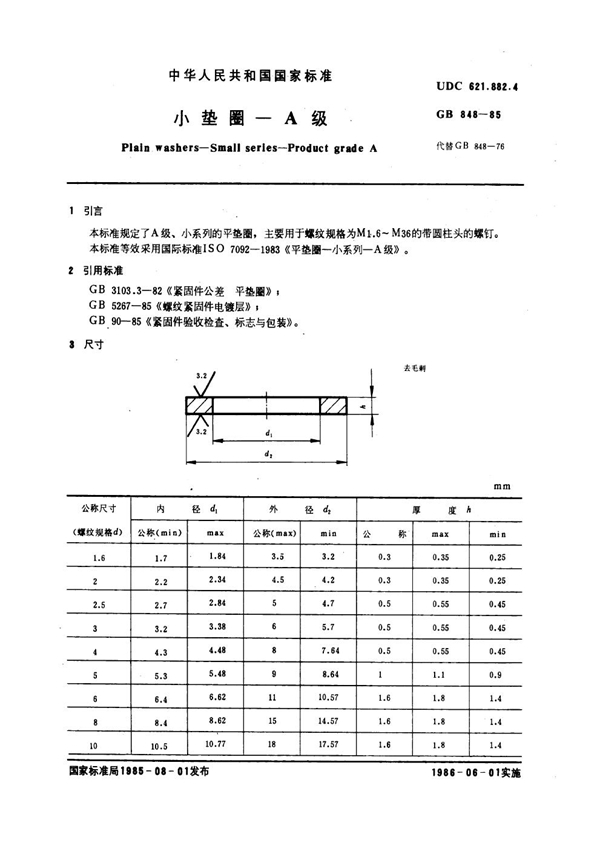 GB 848-1985 小垫圈 A级