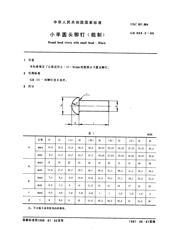 GB 863.2-1986 小半圆头铆钉(粗制)