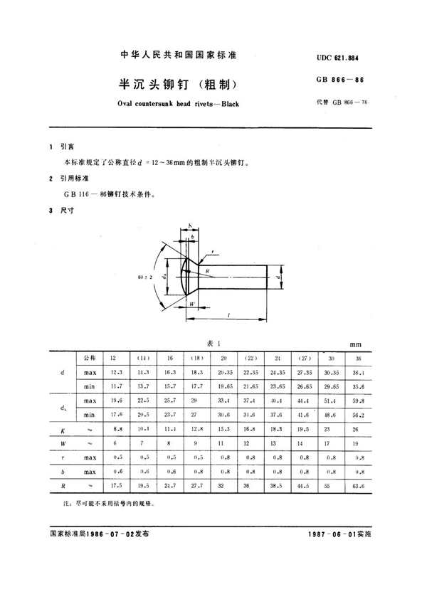 GB 866-1986 半沉头铆钉(粗制)