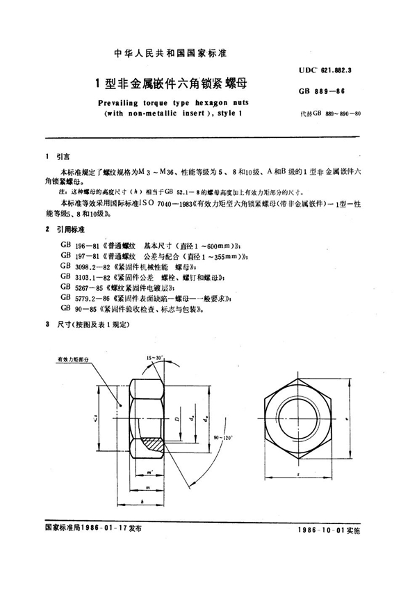 GB 889-1986 1型非金属嵌件六角锁紧螺母