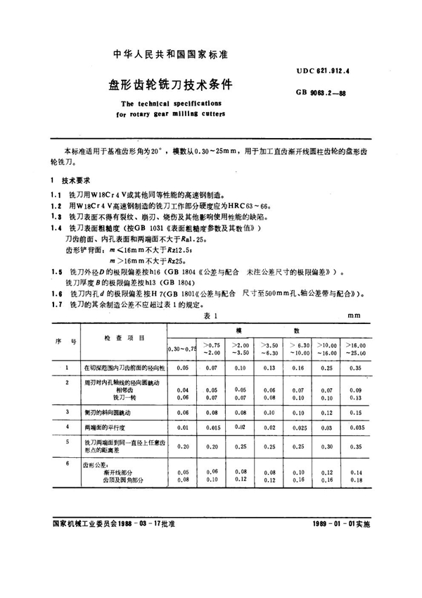 GB 9063.2-1988 盘形齿轮铣刀技术条件