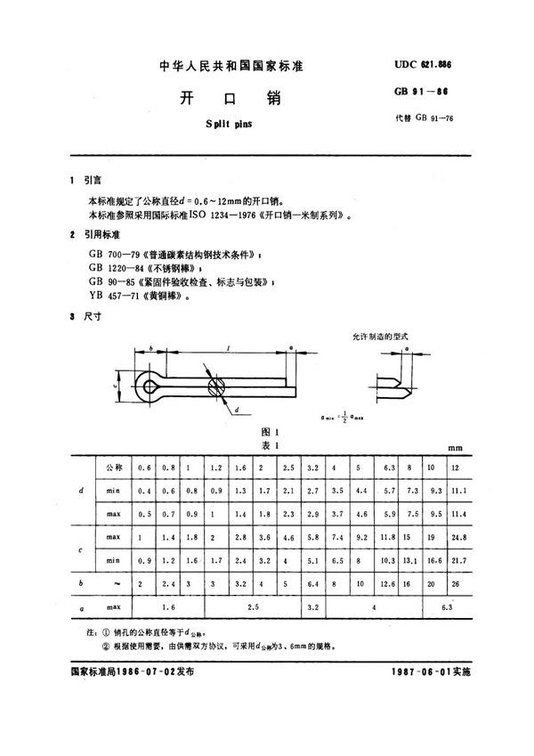 GB 91-1986 开口销