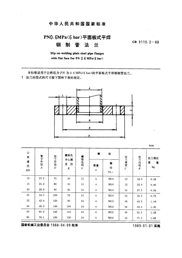 GB 9119.2-1988 PN 0.6MPa(6 bar) 平面板式平焊钢制管法兰