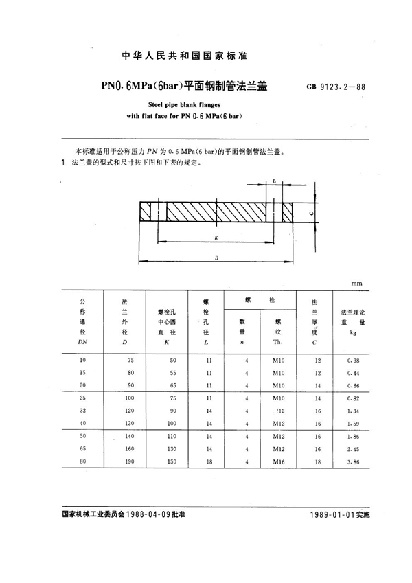 GB 9123.2-1988 PN 0.6MPa(6 bar) 平面钢制管法兰盖