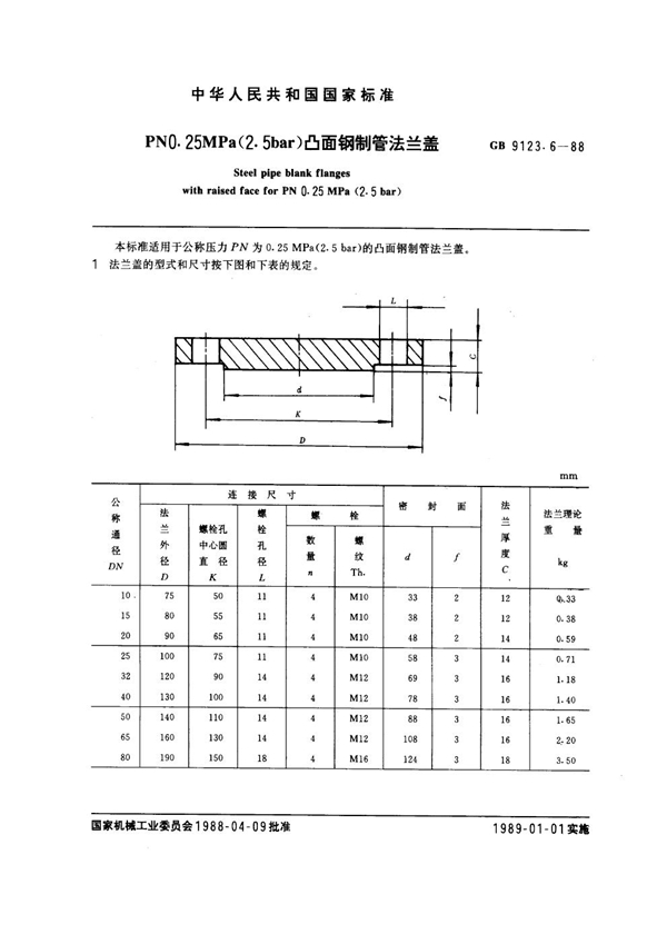 GB 9123.6-1988 PN 0.25MPa(2.5 bar) 凸面钢制管法兰盖