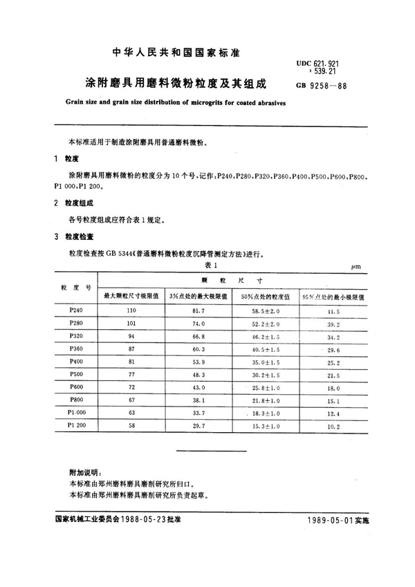 GB 9258-1988 涂附磨具用磨料微粉粒度及其组成