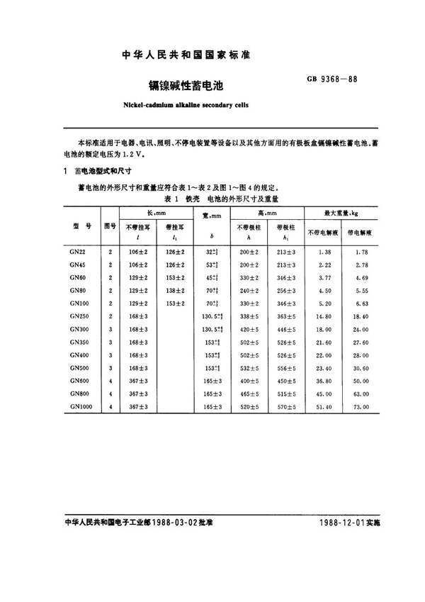 GB 9368-1988 镉镍碱性蓄电池