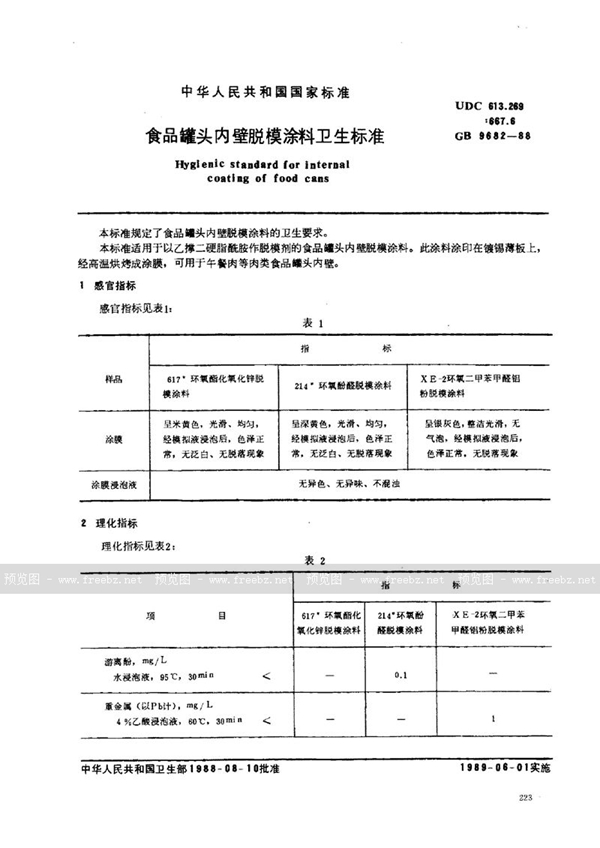 GB 9682-1988 食品罐头内壁脱模涂料卫生标准