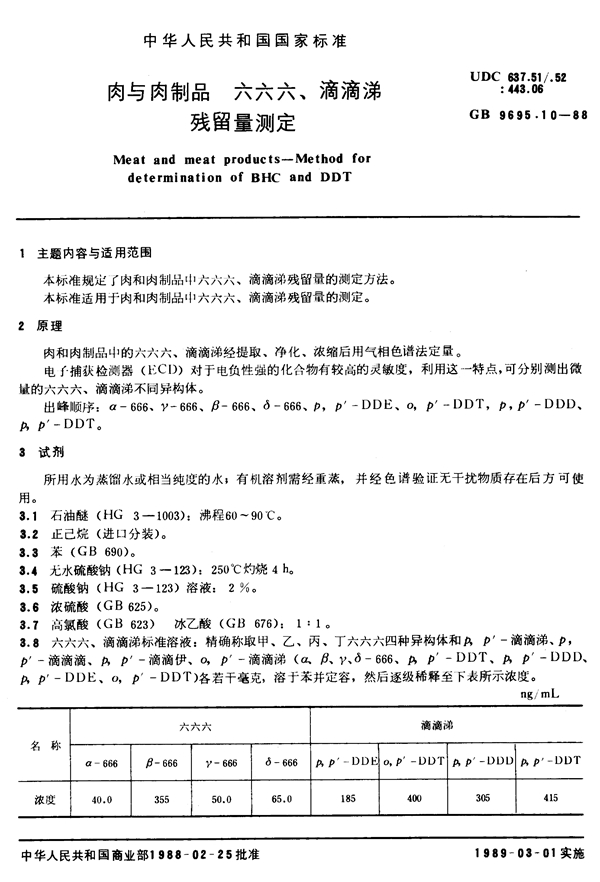 GB 9695.10-1988 肉与肉制品 六六六、滴滴涕 残留量测定