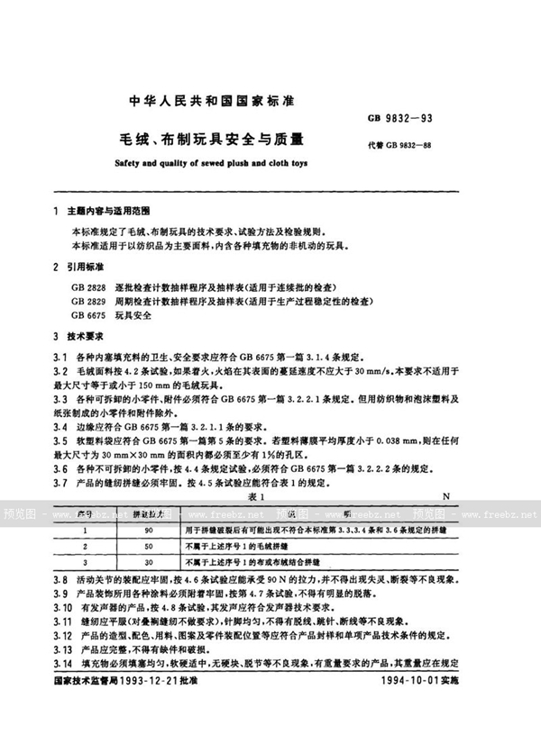 GB 9832-1993 毛绒、布制玩具安全与质量