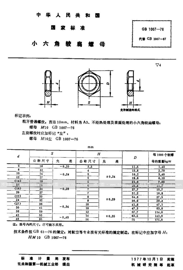 GB/T 1007-1976 小六角较扁螺母