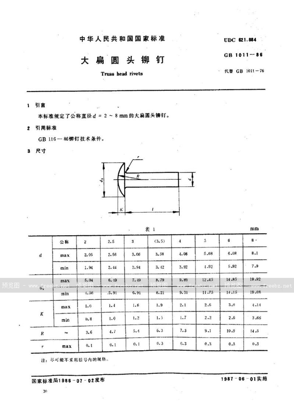 GB/T 1011-1986 大扁圆头铆钉