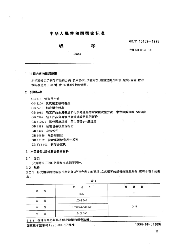 GB/T 10159-1995 钢琴