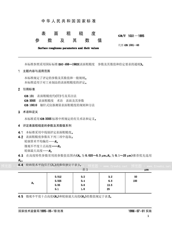 GB/T 1031-1995 表面粗糙度  参数及其数值