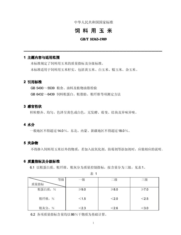 GB/T 10363-1989 饲料用玉米