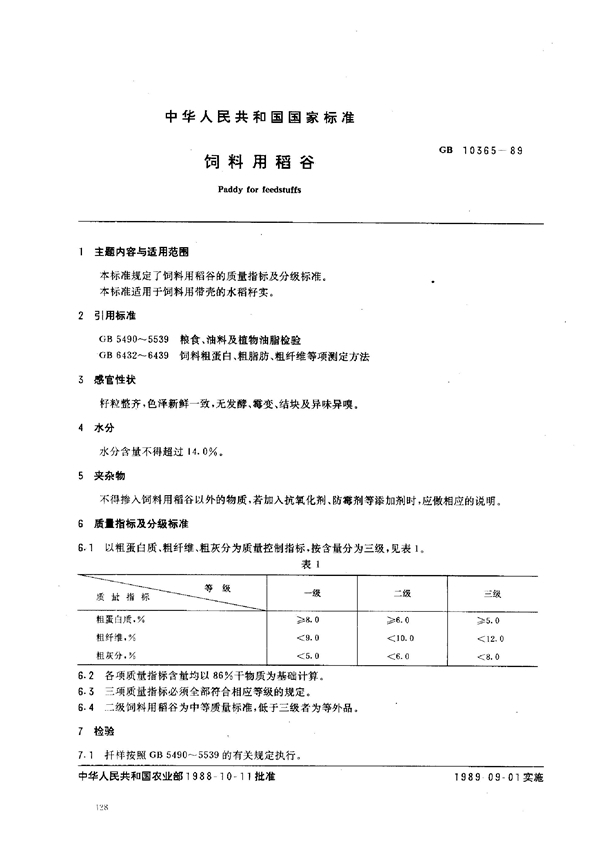 GB/T 10365-1989 饲料用稻谷