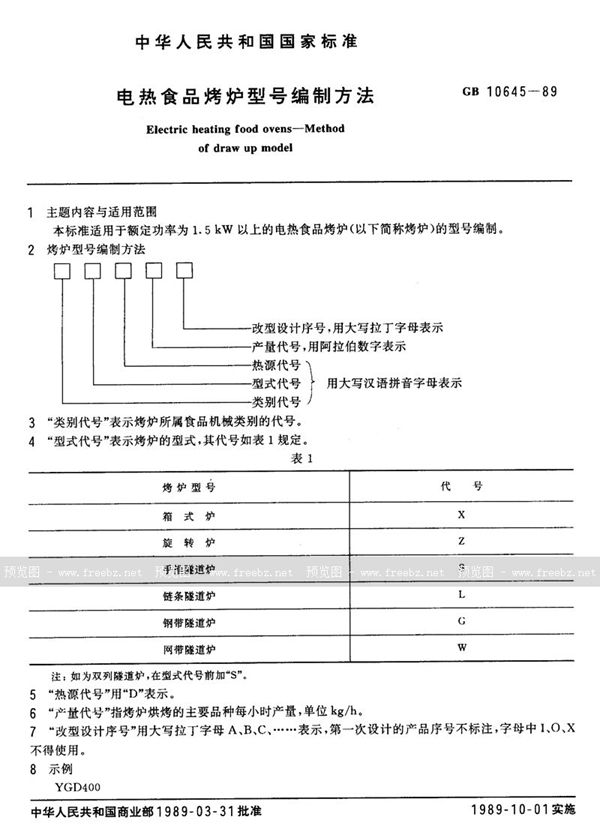 GB/T 10645-1989 电热食品烤炉型号编制方法