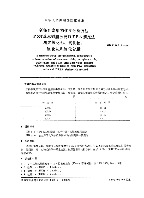 GB/T 11065.2-1989 钐、铕、钆富集物化学分析方法 P507萃淋树脂分离DTPA滴定法测定氧化钐、氧化铕、氧化钆和氧化钇量