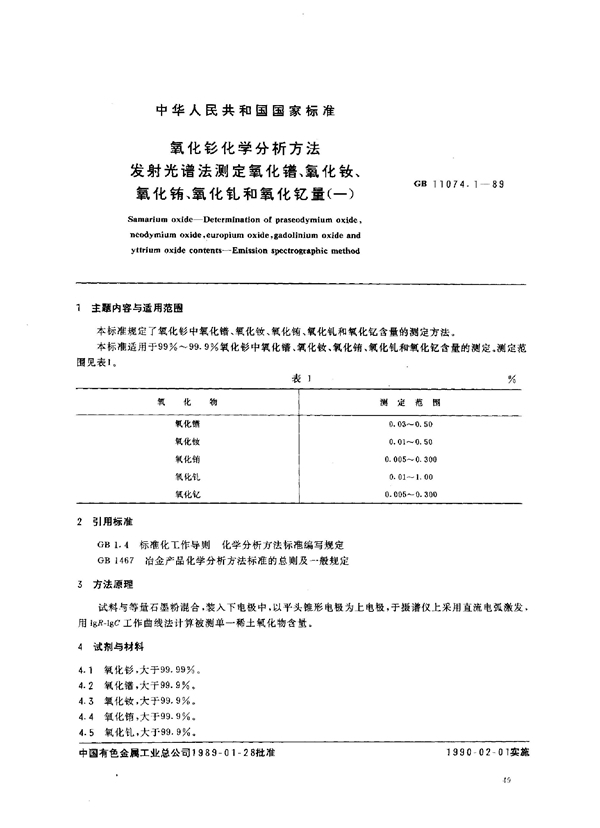 GB/T 11074.1-1989 氧化钐化学分析方法 发射光谱法测定氧化镨、氧化钕、氧化铕、氧化钆和氧化钇量(一)