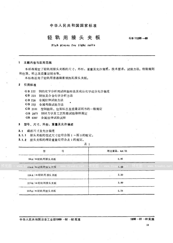 GB/T 11265-1989 轻轨用接头夹板