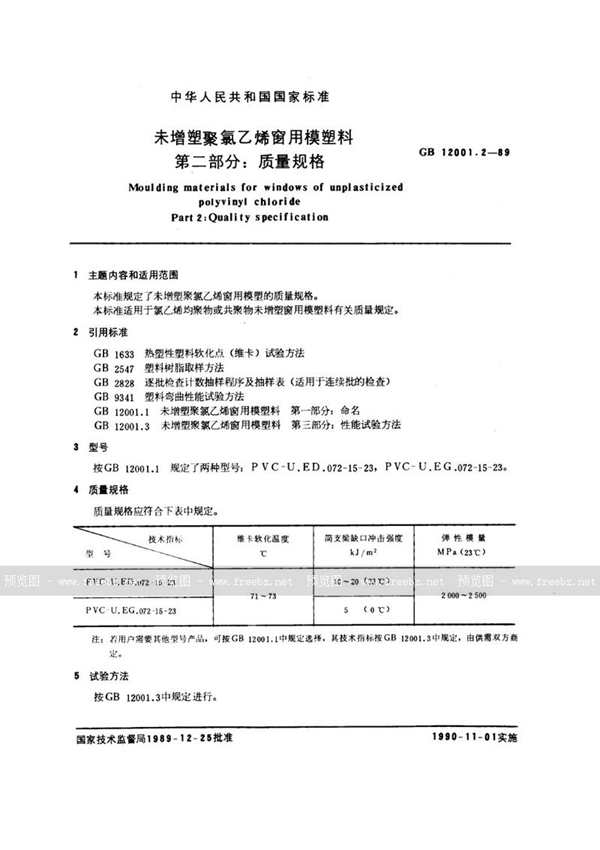 GB/T 12001.2-1989 未增塑聚氯乙烯窗用模塑料  第2部分:质量规格