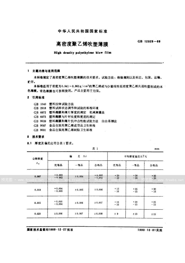 GB/T 12025-1989 高密度聚乙烯吹塑薄膜