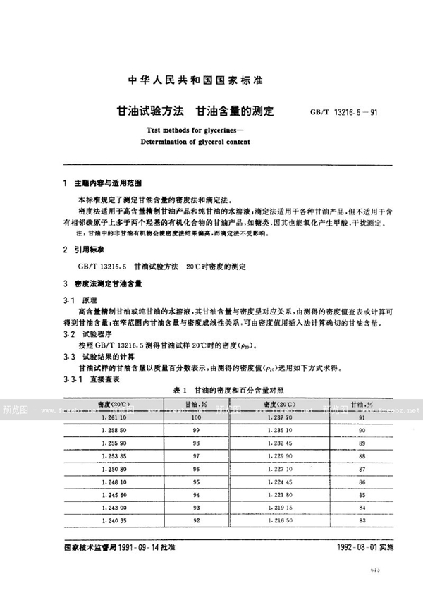 GB/T 13216.6-1991 甘油试验方法  甘油含量的测定