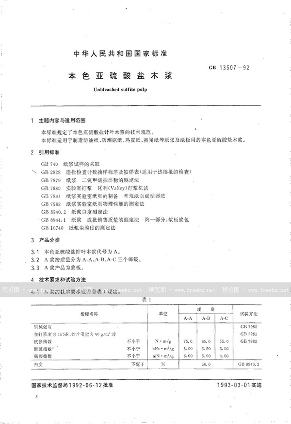 GB/T 13507-1992 本色亚硫酸盐木浆